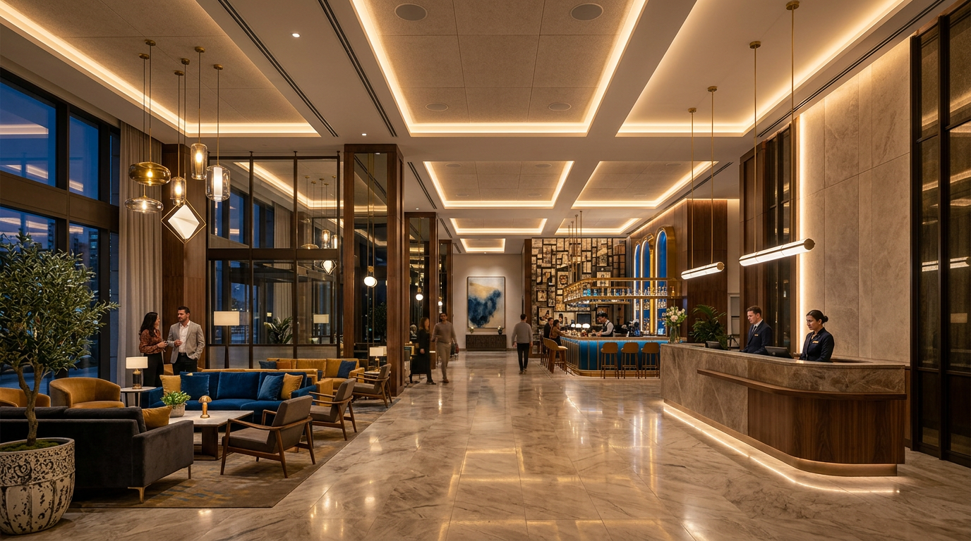 Lobby d’hôtel avec scènes lumineuses intelligentes et sonorisation discrète