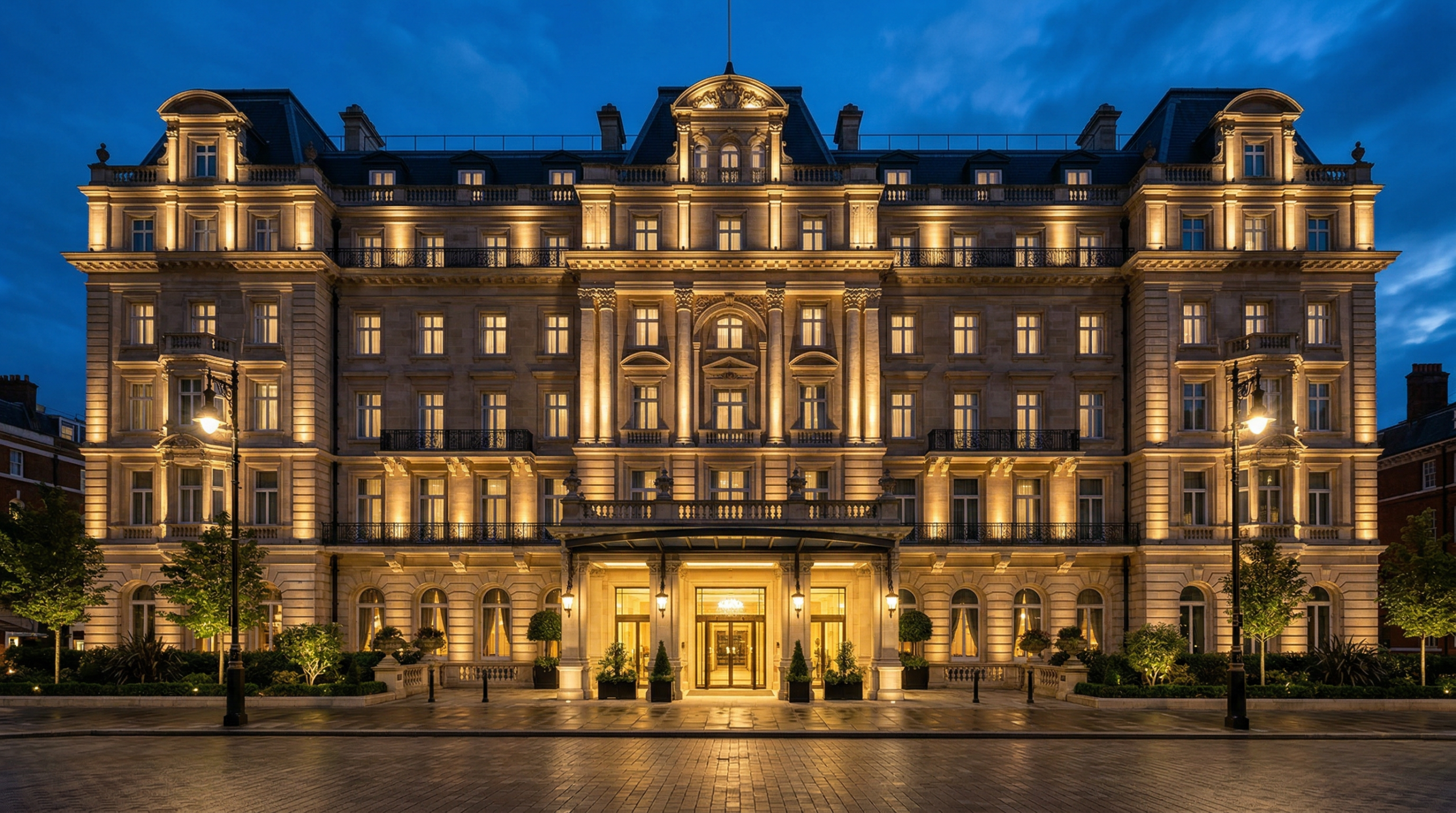 Façade d’hôtel éclairée par des luminaires architecturaux