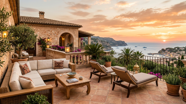 Mobilier extérieur design sur terrasse d’hôtel haut de gamme