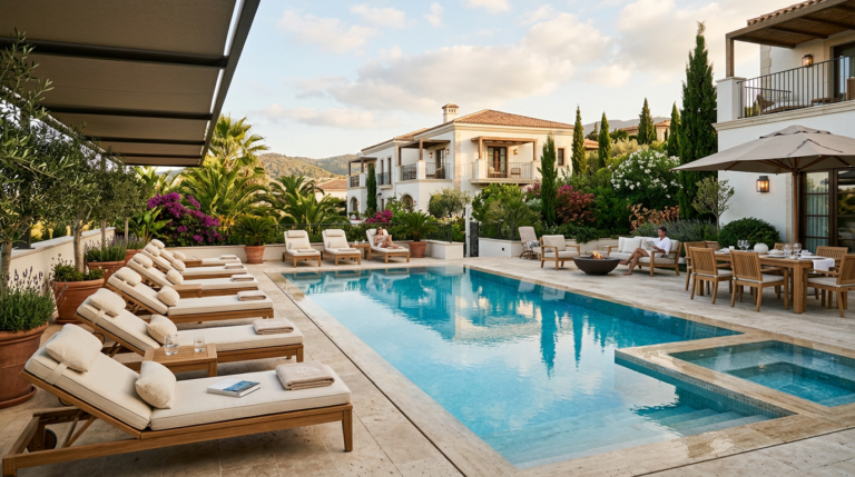 Mobilier outdoor élégant autour d’une piscine d’hôtel