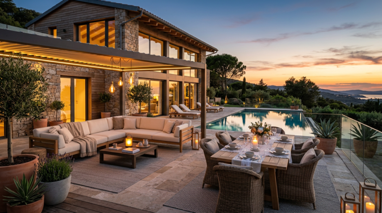 Terrasse de villa avec mobilier extérieur premium