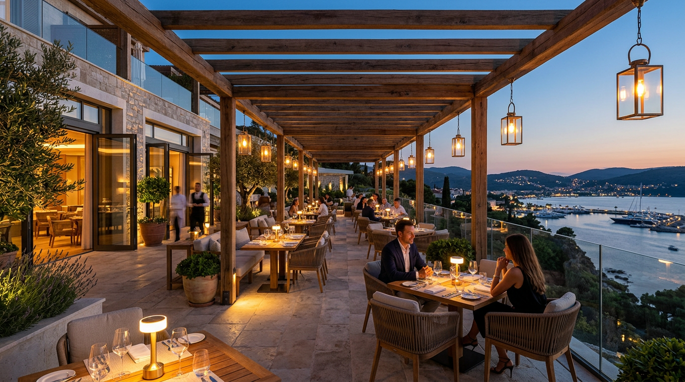 Terrasse d’hôtel avec luminaires sans fil et solaires haut de gamme