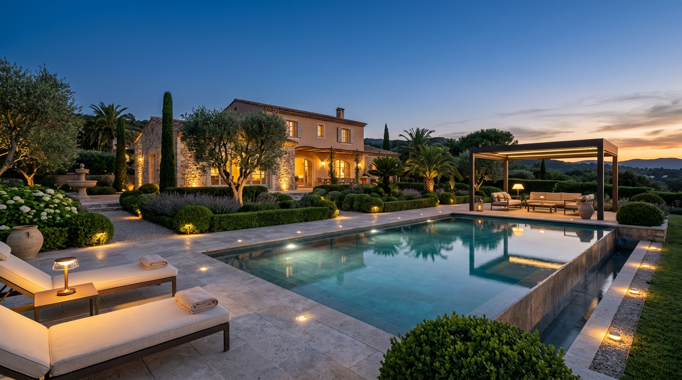 Jardin de villa avec éclairage sans fil et solaire premium