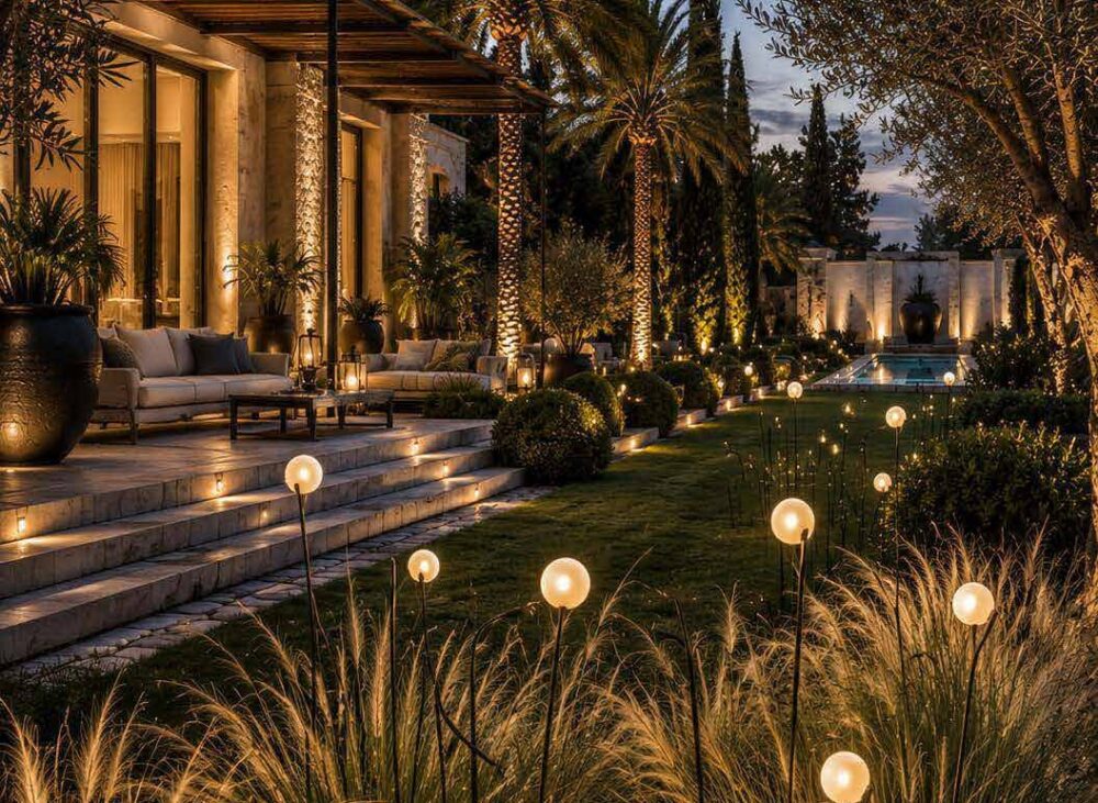 Jardin de villa éclairé au crépuscule par des bornes solaires Carré Lighting