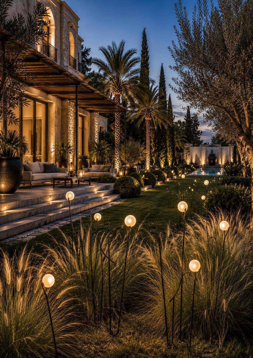 Jardin de villa éclairé au crépuscule par des bornes solaires Carré Lighting